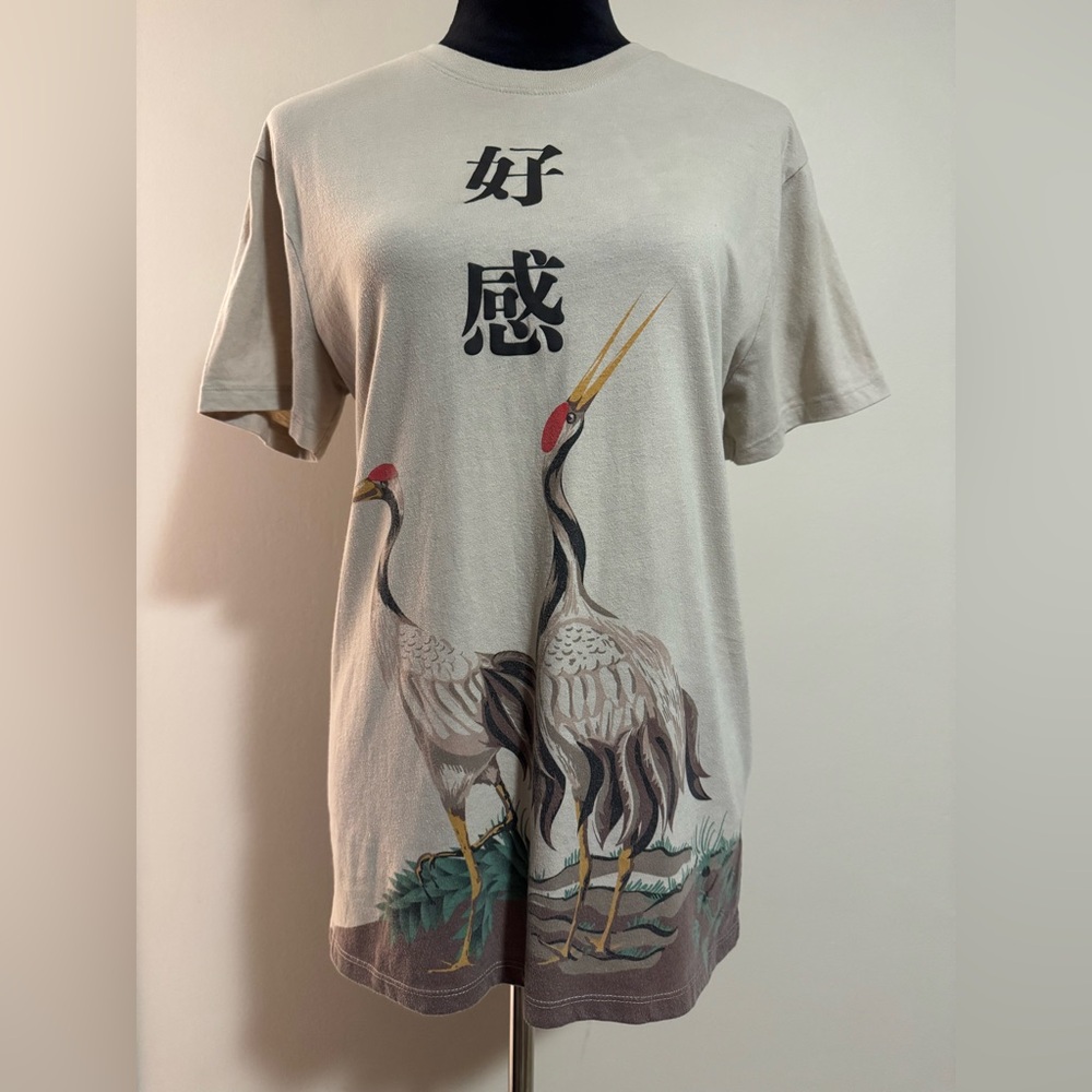 EUC San Francisco Beige and Red Good Vibes Crane Graphic Tee size small